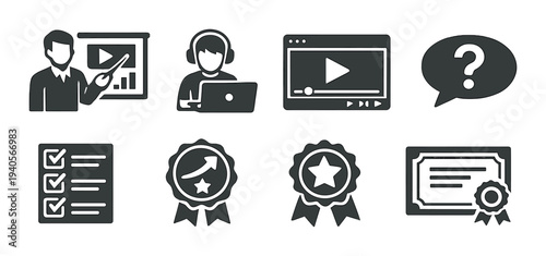 Instructor and online learning icons arranged on gray panel