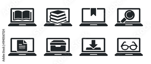 Laptop icons displaying reading and document signs on gray background