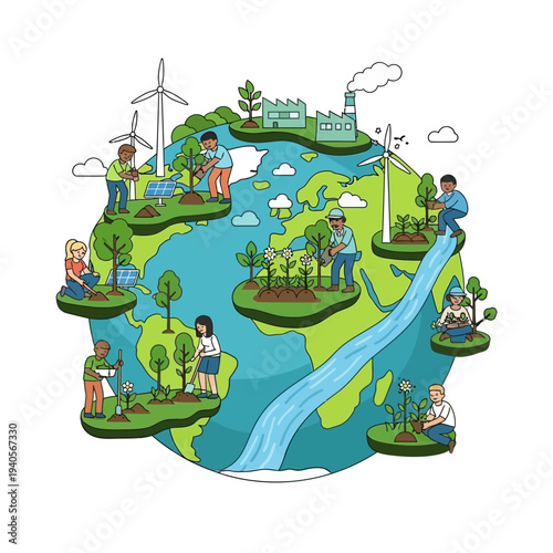 People planting trees and renewable energy on a vibrant planet earth illustration