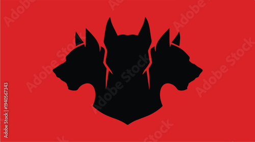 Black Three-Headed Dog Silhouette on Red Background.