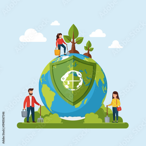 People Planting Trees on Earth Shield, Environmental Protection and Sustainability Concept