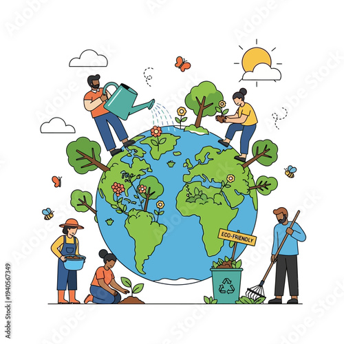 People planting trees and watering globe, eco-friendly concept, environmental protection, sustainability
