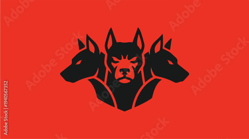 Illustration of a three-headed dog on a red background.