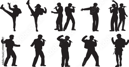 Trendy kpop dancers and singers set. Korean pop culture. Young male and female k-pop idols performance, dance. Modern popular Korea music stars. Flat vector illustrations isolated on white background.