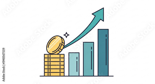 Increasing financial growth chart with coins and rising arrow symbolizing profit and success in business investment