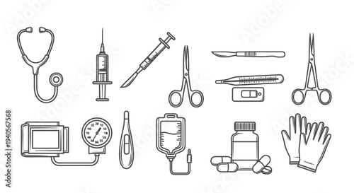 Healthcare and Medical First Aid Equipment Vector Icon Collection