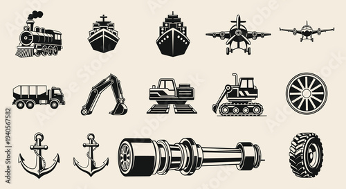 Transport and Heavy Equipment Machinery Vector Icon Collection