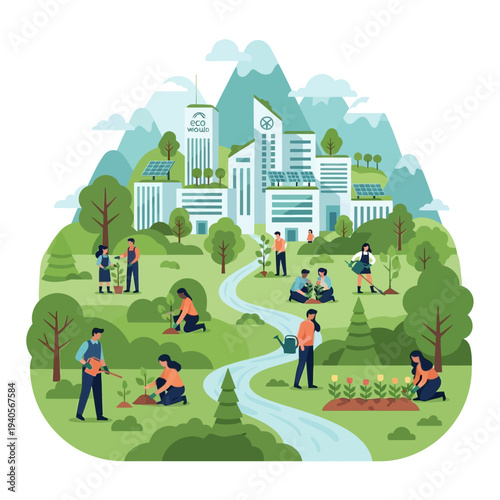 Eco-friendly city with people planting trees and gardening, sustainable urban living concept
