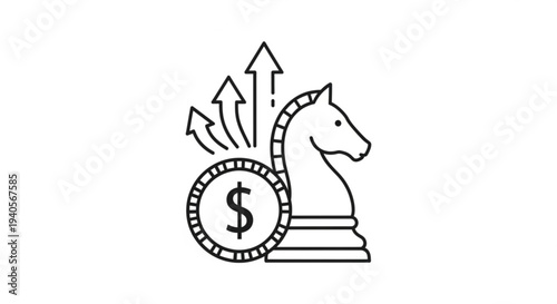 Knight chess piece with growing dollar coin and arrows indicating financial growth and strategy