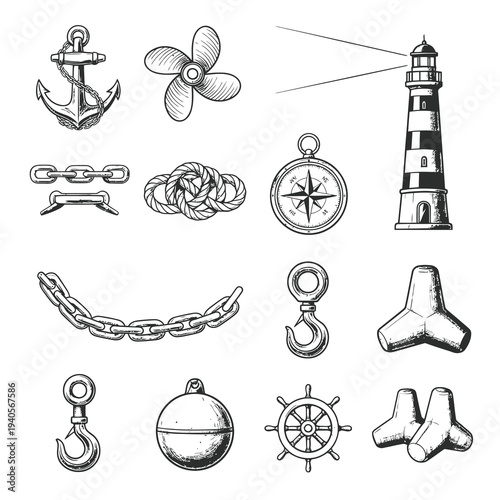 Nautical Maritime Elements and Sea Navigation Equipment Illustrations