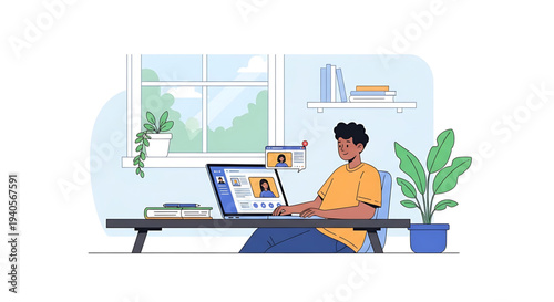 A man working on his laptop at home with a video call on the screen