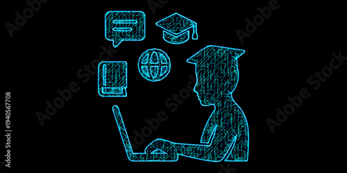 Online Education and E-Learning Concept with Student Using Laptop and Academic Icons in Blue Digital Mesh Wireframe Style