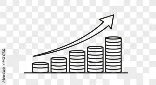 Increasing financial growth with rising coins stacks and upward arrow on transparent background