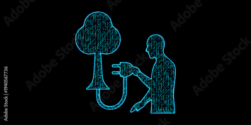 Smart Home Technology and IoT Concept with Laptop User Connecting to Digital House in Blue Mesh Wireframe Style