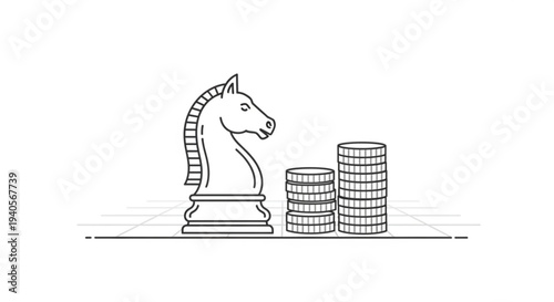 Knight chess piece with stacks of coins on table surface