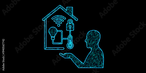 Remote Home Management System and IoT Monitoring with Person Controlling Smart House Features in Blue Digital Mesh Wireframe Style