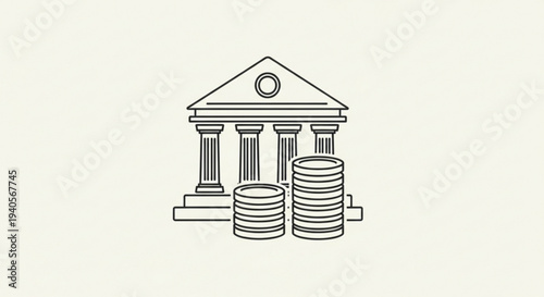 Bank building with columns and stacks of coins on steps symbolizing finance and banking services
