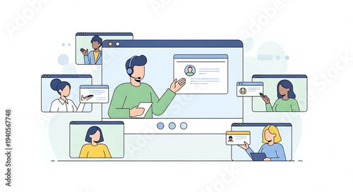 A vector graphic illustration of a man in a green shirt presenting to a group of people on a large computer screen with multiple smaller screens around it.