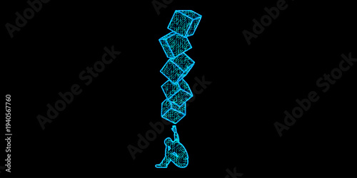 Workplace Stress and Mental Health Concept with Person Sitting Under Heavy Tower of 3D Cubes in Blue Digital Mesh Wireframe Style