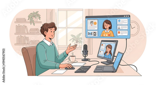 A man participates in a video conference from his home office with a computer and laptop