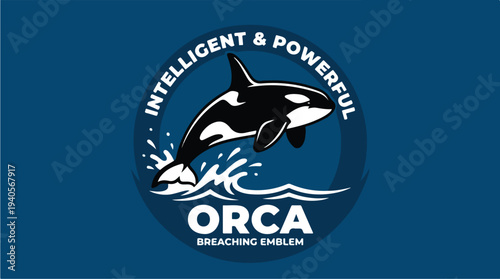 Orca Breaching Emblem Intelligent Powerful Marine Mammal Logo.