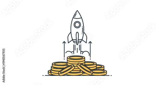 Rocket launching from a pile of gold coins symbolizing financial growth and investment success