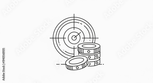 Target with stacked coins and crosshairs symbolizing financial goal investment strategy and monetary target in simple line art illustration