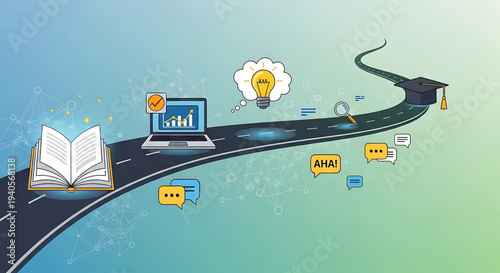 A vector graphic illustration of a winding road leading to a graduation cap, symbolizing the journey of learning and education.