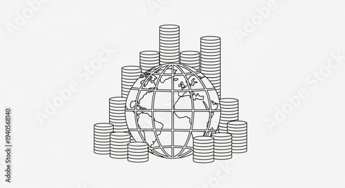 Global finance concept with a globe surrounded by stacks of coins symbolizing worldwide economy and investment