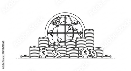 Global finance concept with stacked coins and world globe illustration