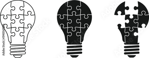Lightbulb constructed from jigsaw puzzle pieces, representing concepts of innovation, brainstorming, and problem solving. 