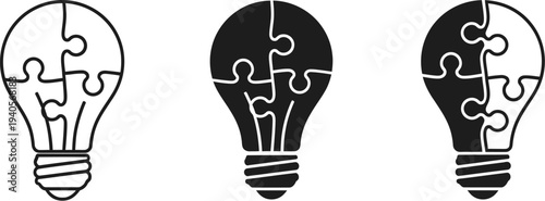 Lightbulb constructed from jigsaw puzzle pieces, representing concepts of innovation, brainstorming, and problem solving. 