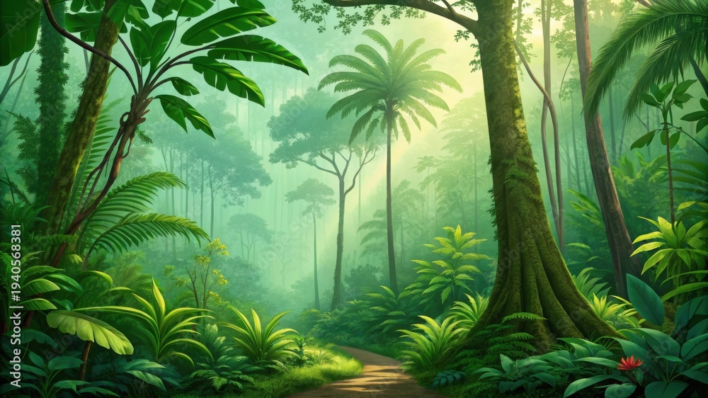 Fototapeta premium Lush green jungle path bathed in soft, diffused sunlight