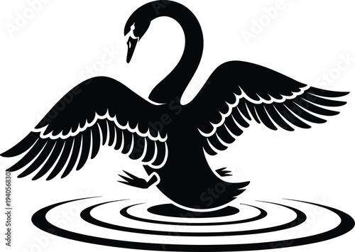 Black swan silhouette, spreading wings, landing on water ripples, elegant bird vector illustration, wildlife nature symbol, graceful aquatic bird design