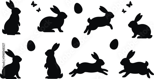 Rabbits, butterflies and easter eggs in various poses, such as sitting, running, and standing. 