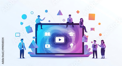 A colorful vector illustration of people interacting with a large laptop surrounded by educational icons and shapes