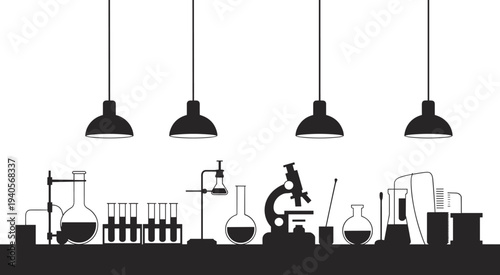 Black and white of laboratory equipment and hanging lamps on a table microscope beakers flasks