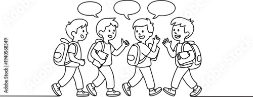 Cartoon of young students discussing something on the way to the class.one line vector icon illustration