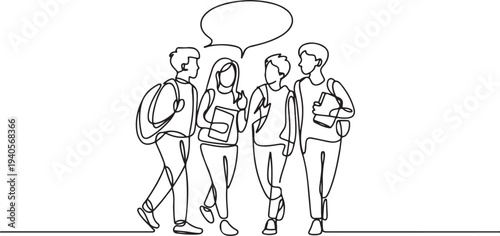 Cartoon of young students discussing something on the way to the class.one line vector icon illustration