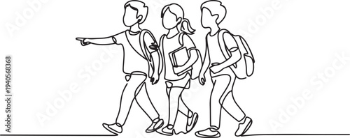 Cartoon of young students discussing something on the way to the class.one line vector icon illustration
