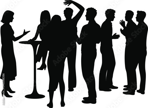 Business networking event silhouettes, group conversation, social gathering, professional meeting, teamwork communication, corporate people 