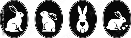 Set of black and white Easter bunny silhouettes, designed as minimal patterns integrated into oval egg shapes. 