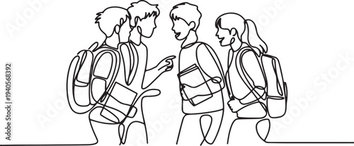 Cartoon of young students discussing something on the way to the class.one line vector icon illustration