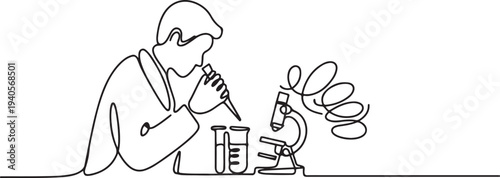 Continuous line design of the man doing lab testing. Decorative elements are drawn on a white background.one line vector icon illustration