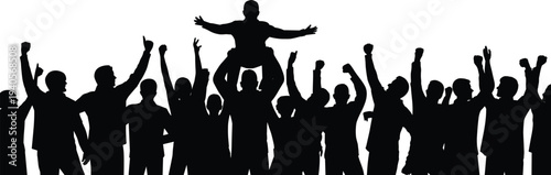 Cheering crowd silhouette vector illustration, celebrating people group raising hands, winner celebration concept, audience party clipart design