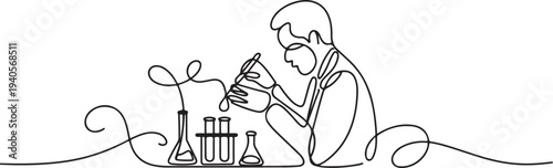 Continuous line design of the man doing lab testing. Decorative elements are drawn on a white background.one line vector icon illustration