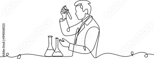 Continuous line design of the man doing lab testing. Decorative elements are drawn on a white background.one line vector icon illustration