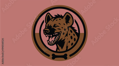 Illustration of a Laughing Hyena Head in a Circular Emblem.