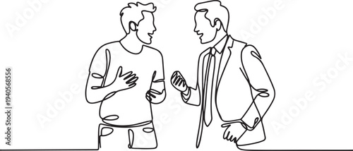 Continuous line drawing of two men having an intense conversation, one in casual clothes and one in business suit, communication concept.one line vector icon illustration