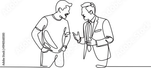 Continuous line drawing of two men having an intense conversation, one in casual clothes and one in business suit, communication concept.one line vector icon illustration